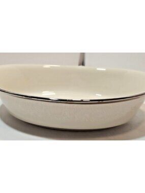Vtg Lenox Moonspun Ivory Oval Serving Bowl 8 5/8" White Flowers Rim & Center
